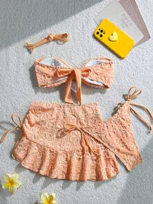 Swim Mod 3件套女童特制面料浅黄色吊带露脐上衣和侧系带三角短裤，配荷叶边抽绳迷你裙 - 橘色 - 查看 2