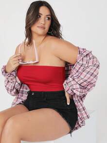 SHEIN BASICS 大尺碼女款純色短版抹胸上衣 - 彩色 - 查看 4