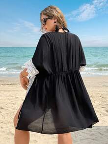 Swim Lushoire Plus Size Women's Front Tie Short Sleeve Beach Lace Kimono Cover Up - Black - View 2