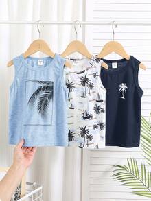 Bộ 3 áo tank top dệt kim dáng rộng không tay in họa tiết cây cọ phong cách thường ngày đi nghỉ cho bé trai tuổi teen, phù hợp đi học, đi chơi, mùa xuân & mùa hè - Màu xanh hải quân - Xem 3