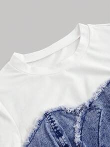 SHEIN MOD 女士休闲修身弹力牛仔短袖拼接上衣 - 深色水洗藍 - 查看 4