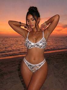 Swim SXY Women's Fashionable Romantic Sequin Decorated Solid Color Drawstring Sexy Bikini Set, Suitable For Spring/Summer Beach White - Silver - View 1