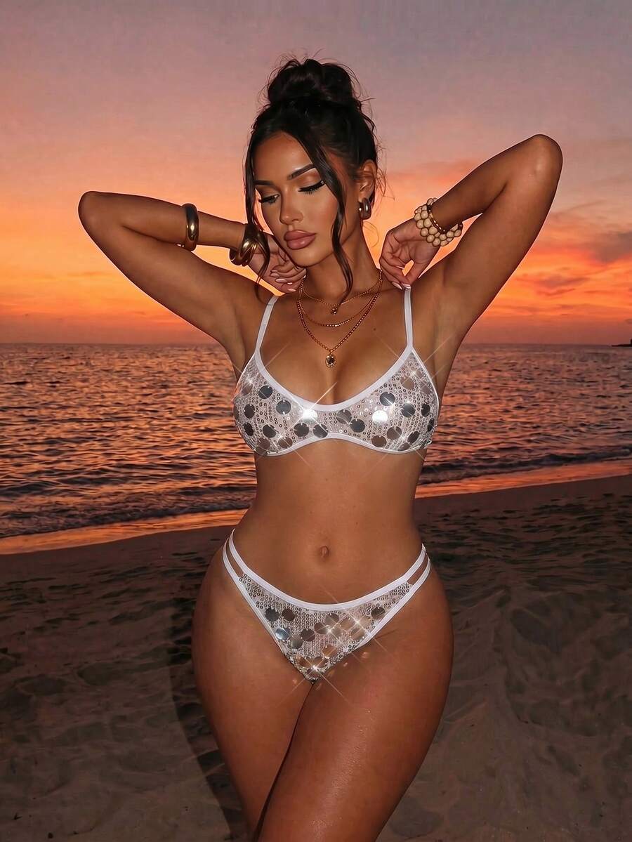 Swim SXY Women's Fashionable Romantic Sequin Decorated Solid Color Drawstring Sexy Bikini Set, Suitable For Spring/Summer Beach White - Silver - View 1