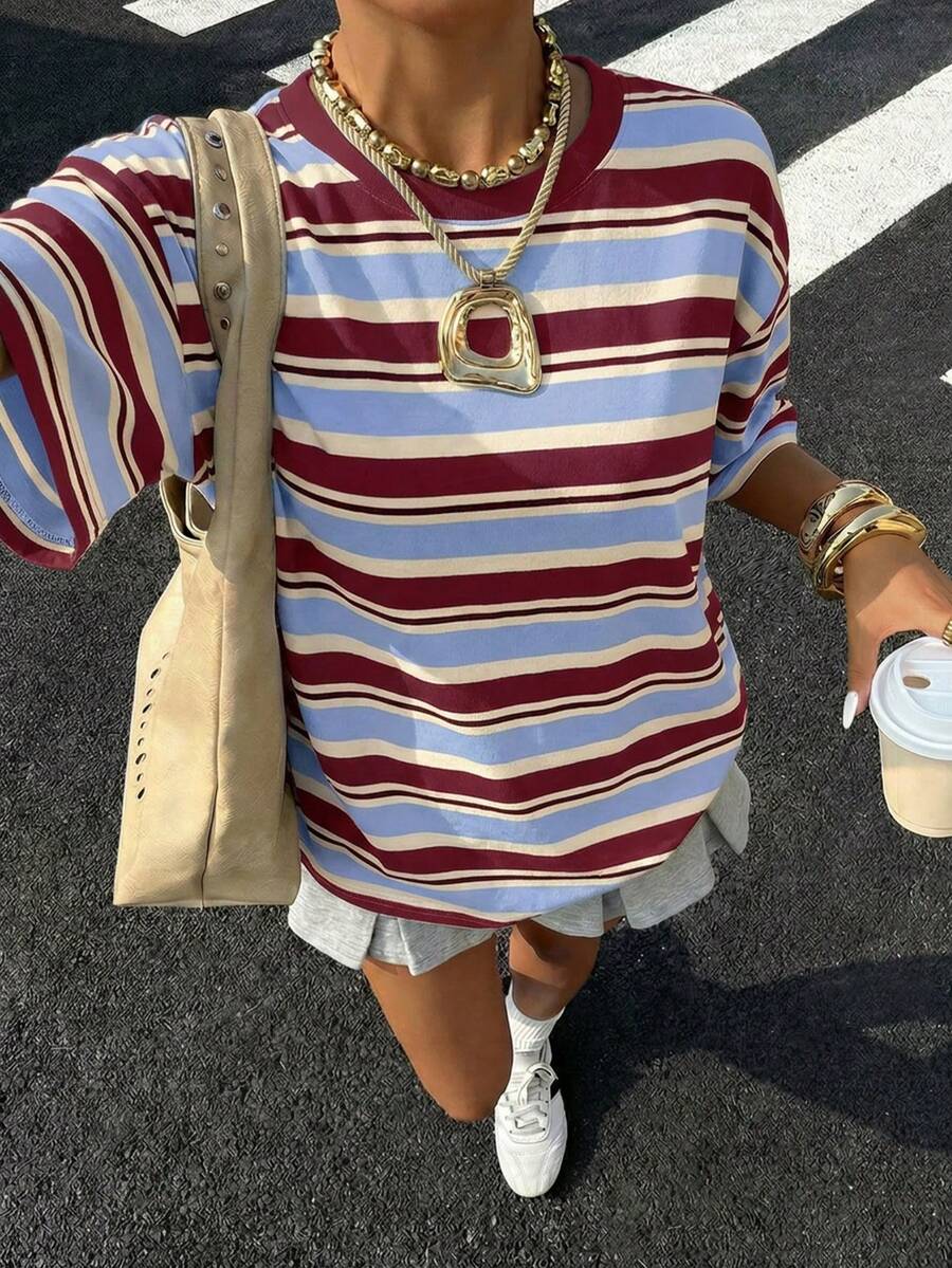 Muchica Oversized Streetwear Casual Minimalist Pattern Round Neck Short Sleeve Loose T-Shirt For Women Summer Top Vacation Burgundy - Multicolor - View 1