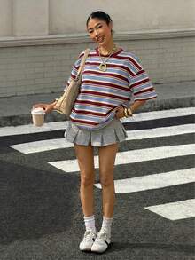 Muchica Oversized Streetwear Casual Minimalist Pattern Round Neck Short Sleeve Loose T-Shirt For Women Summer Top Vacation Burgundy - Multicolor - View 3