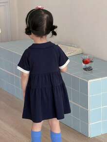 DAZY 女嬰圓領休閒寬鬆拼色條紋洋裝 夏季幼兒 - 藍色 - 查看 4