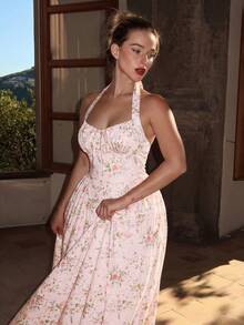 Turnttoni Abito da donna con stampa floreale rosa, fiocco arricciato al collo, abito da invitata a matrimonio, abito estivo, abito da laurea, abito da festa elegante - Rosa - Visualizzare 6