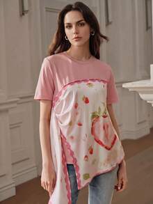 Anewsta Asymmetrical Tie Strawberry Print T-Shirt, Summer - Pink - View 5