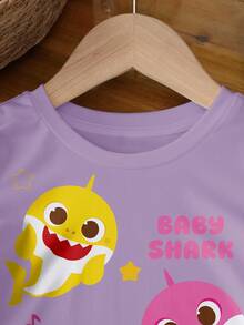 BABY SHARK X SHEIN Baby Girl Letter & Cartoon Print Round Neck Short Sleeve Top, Summer - White - View 3