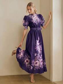Anewsta Spring Summer Dark Purple Premium Floral Print Short Sleeve Waist-Cinching Tie-Up Long Dress For Women Wedding Party Date Romantic Casual - Bold Plum - View 3