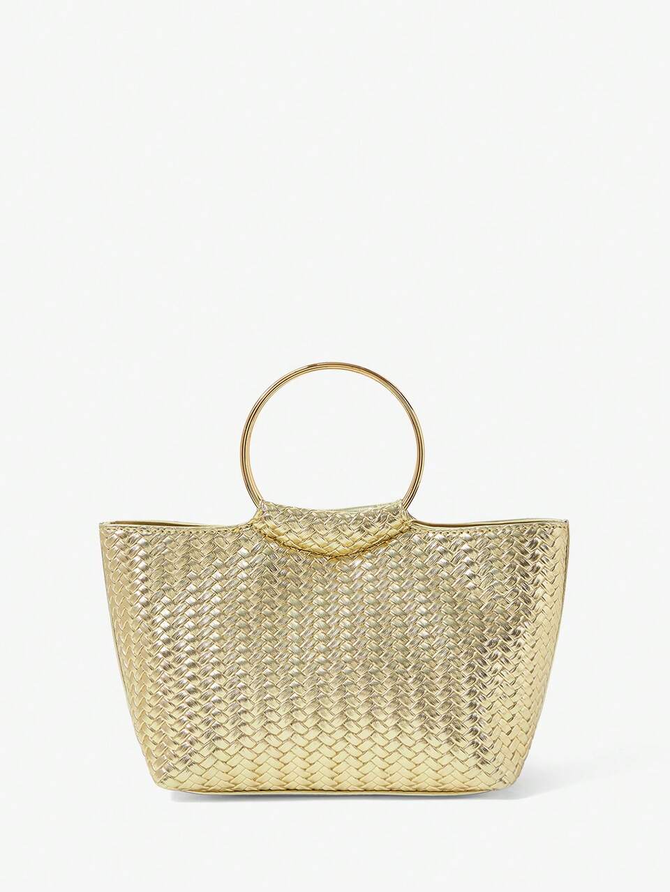SHEIN Maija Ladies, Women Gold Woven Faux Leather Top Handle Bags, Hardware Handle, Classic, Fashionable, Elegant, Simple, Personalized, Versatile, Classic, For Commute, Office, Date, Daily, Shopping, Afternoon Tea