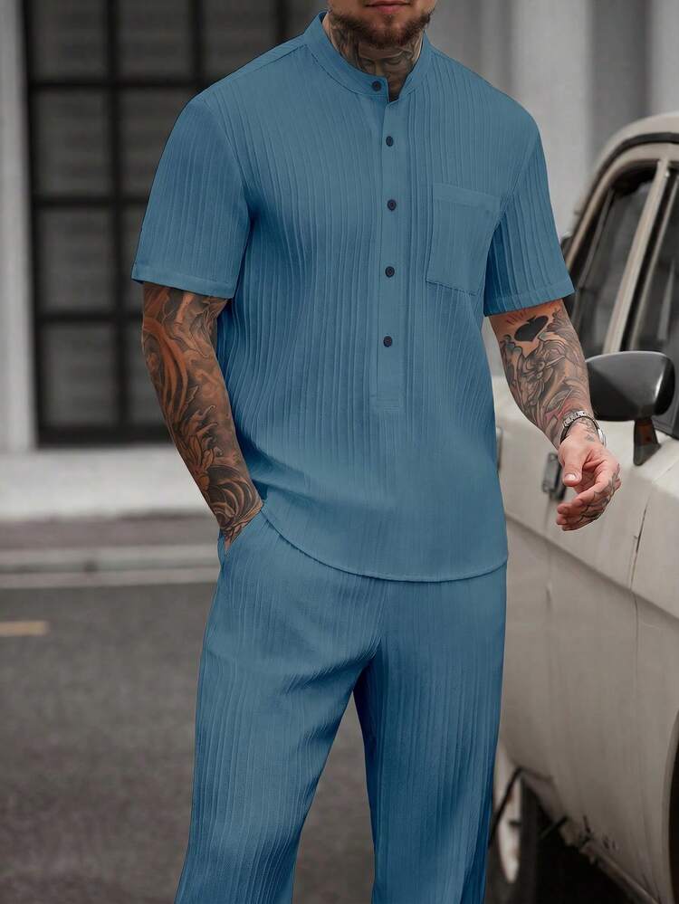 Manfinity CasualCool Bộ áo sơ mi và quần ngắn tay màu trơn dành cho nam. - Màu xanh bụi bặm - Xem 1