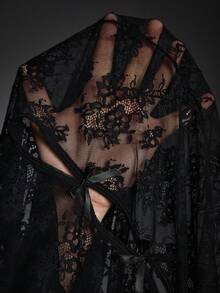 EmpressEnvy Sexy Spitzen Nachthemd, 3D Flockdruck Rose Jacquard Seitenbindung Taille Maxikleid - Schwarz - Übersicht 7