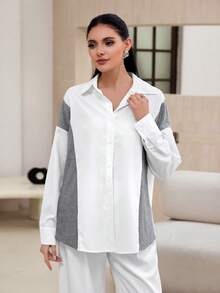 Mulvari Women's Gray White Splice Long Sleeve Blouse, Loose Fit Casual Shirt For Work Office Autumn - White - View 5