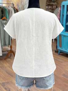 Linhara Plus Size Solid Color Lace Patchwork Notch Neck Casual Short Sleeve Shirt - White - View 2