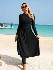 Swim Mulvari Swim Shayni Two Pieces Elegant Waist Inched Long Sleeve Vacation Swimwear Includes Swimwear Pants Vacation Set - Black - View 6