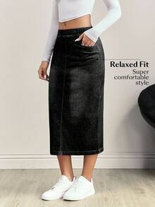 Flexra Plus Size Women Casual Versatile Everyday Denim Skirt With Pockets - Black - View 3
