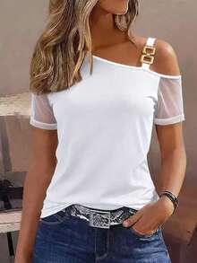 Balvessa Women's 2026 Spring/Summer New Casual Vacation Mesh Splice Asymmetrical Shoulder Short Sleeve T-Shirt - White - View 1