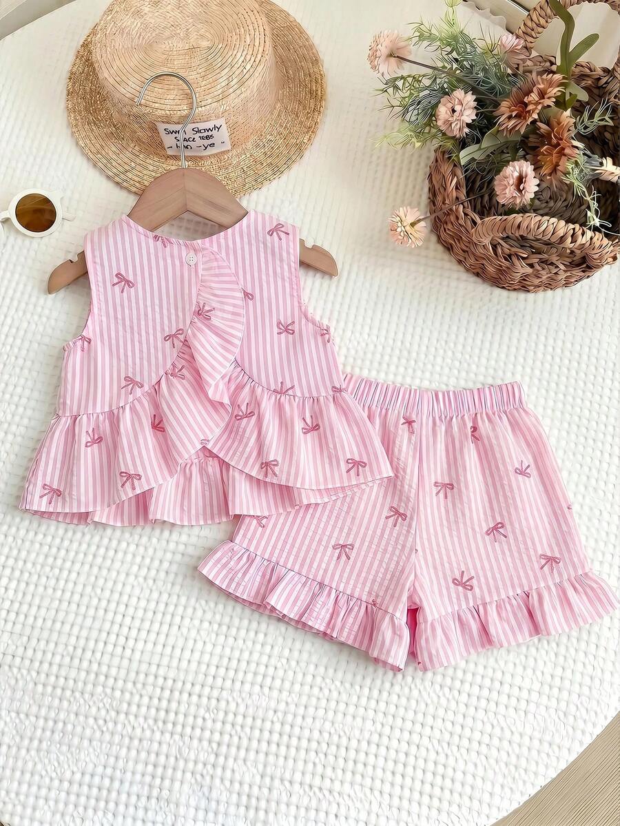LMoss Kids 2pcs Baby Girl Knitted Solid Color Round Neck Ruffle Trim Vest And Shorts Set - Multicolor - View 1