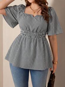 Comfylo Off-Shoulder Square Neck Flowy Hem Plus Size Blouse Formal Vacation Black And White Summer Casual - Black and White - View 6