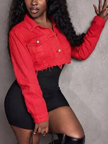 Slaydiva Women's Denim Jacket, Solid Color Short Style With Frayed Hem, Fashion For Summer - Red - View 2