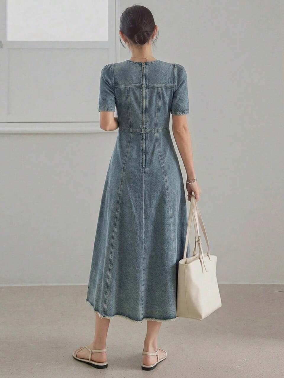 Women's Square Neck Waist Gathered A-Line Washed Denim Casual Dress, Suitable For Spring And Summer Sun Dresses For Women