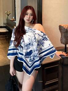 Vibekara 大尺碼女款 2026 夏季休閒優雅印花不對稱領長袖不對稱下擺寬鬆時尚襯衫，復古日落度假印花蝙蝠袖上衣，適用於日常、通勤、上學、外出、辦公室、約會 - 藍色 - 查看 3