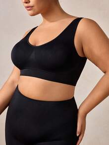 Veilyse 1 pieza Sujetador deportivo sin costuras de doble capa y unicolor para mujer de talla grande, ropa interior de yoga y fitness cómoda y inalámbrica (con almohadillas no fijas desmontables) - Negro - Ver 8