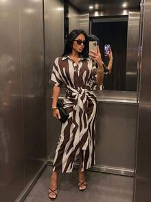 Radiana 女款優雅熱帶歐風休閒時尚極簡棕色條紋腰帶收腰襯衫連身裙 長版繫帶款 度假日常都市通勤約會穿搭 - 彩色 - 查看 4