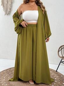 SHEIN CURVE+ Bộ đồ thường ngày cho nữ size lớn gồm áo quây camisole màu trơn, áo choàng màu trơn và quần ống rộng cạp chun - màu xanh lá - Xem 4