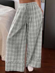 DAZY Plaid Ruffle Trim Loose Wide Leg Long Pajama Pants For Women - Black and White - View 4
