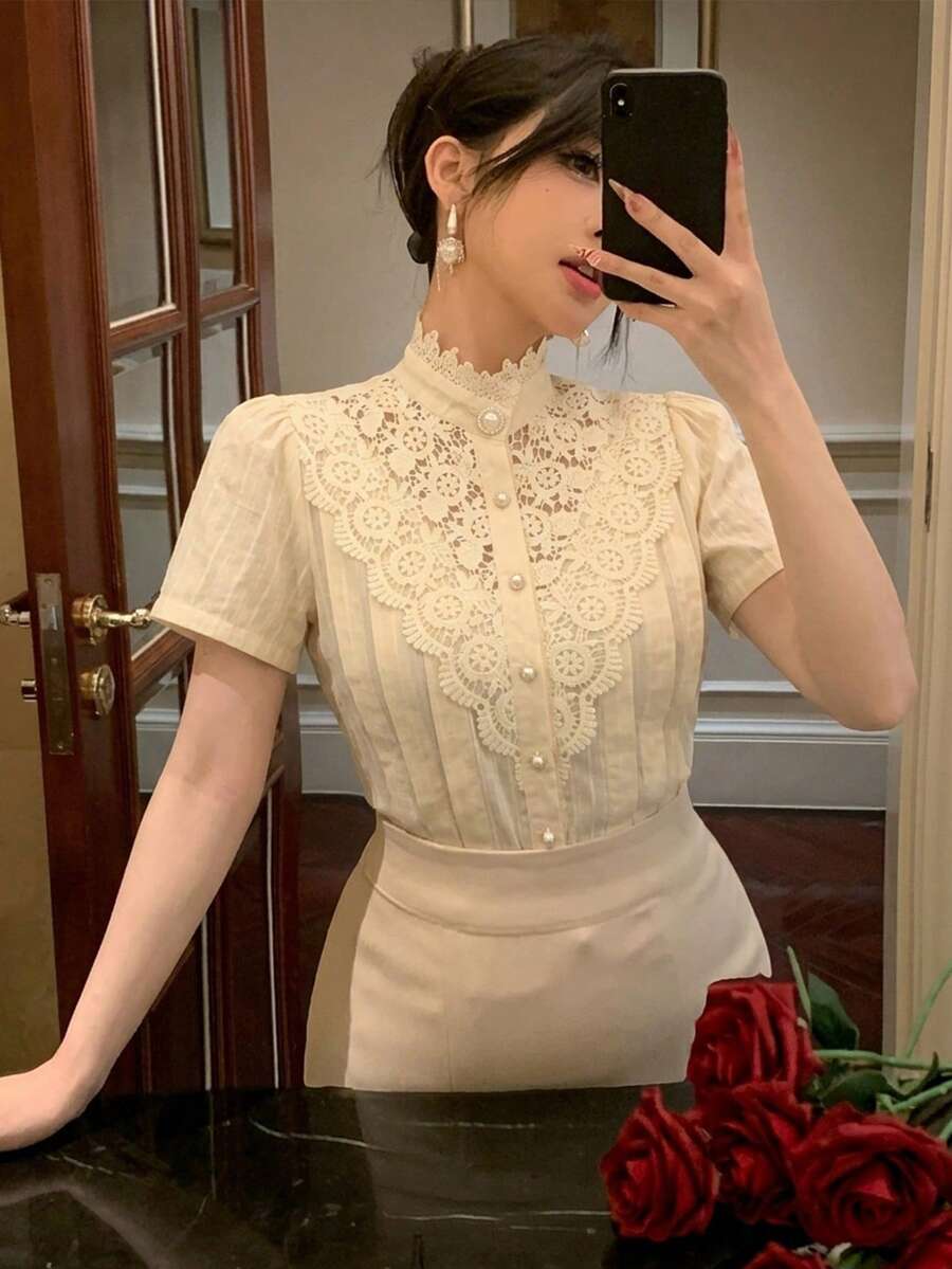 DAZY 女款蕾絲拼接泡泡袖寬鬆襯衫 夏季 - 杏色 - 查看 1