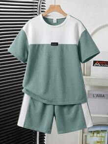 2pcs Tween Boy Casual Contrast Color Round Neck Short Sleeve T-Shirt And Shorts Set,Sage Green,Summer,School,Back-To-School,Outing,Sports,Holiday - Mint Green - View 3