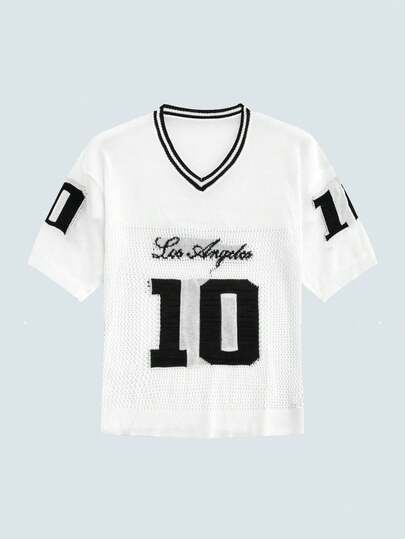 Modcrash Suéter de manga corta de punto ligero con cuello en V, estampado de letras y números, estilo de calle versátil para ir y venir y usar en citas, Los Ángeles, color block, blanco, para hombre ANDREILEE