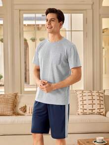 Manfinity Underwear&Sleepwear Basics 男士短袖T恤 & 短褲睡衣套裝 - 淺灰色 - 查看 4