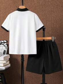 SHEIN 两件套男童休闲校服/学院撞色拼接 Polo 领衬衫短裤套装，适合通勤、上学、日常休闲、运动、春夏穿着。 - 黑色 - 查看 2