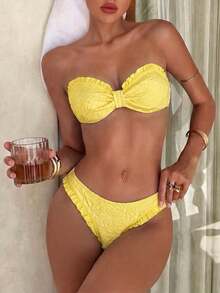 Swim Mod Women's Elegant Yellow Bikini Set,Summer Tropical Beach Two Pieces Swimwear,Floral Embossed Ruffled Bandeau Top & High-Cut Bottom Holiday Vacation - Yellow - View 4