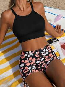 Swim Lushoire Bộ Bikini 2 Mảnh In Hoa Ngẫu Nhiên Đi Biển Mùa Hè Áo Cami & Quần Short Dây Rút - màu đen - Xem 1