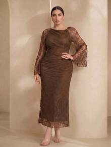 Graceveil Elegant Solid Color Lace Asymmetric Collar Long Sleeve Ruched Fitted Regular Spring/Summer Plus Size Dress - View 1