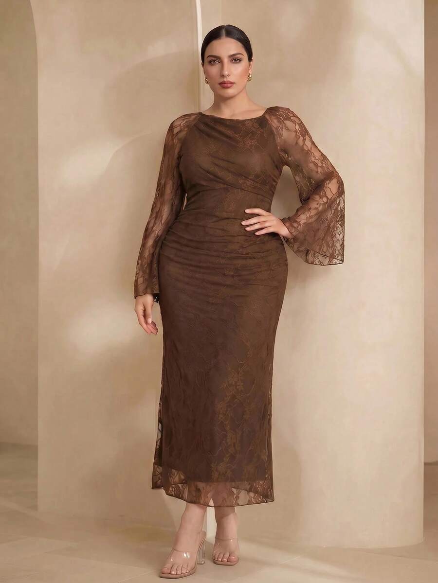 Graceveil Elegant Solid Color Lace Asymmetric Collar Long Sleeve Ruched Fitted Regular Spring/Summer Plus Size Dress - View 1