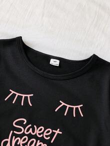 SHEIN 6件套女童豹纹嘴唇印花上衣、牛油果印花长裤、卡通熊印花短裤套装、休闲睡衣 - 黑色 - 查看 5