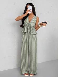 SHEIN PETITE 女款綠色條紋綁腰無袖襯衫與長褲兩件套，夏季休閒波希米亞度假復古風格，適合嬌小身型野餐穿搭 - 軍綠色 - 查看 4