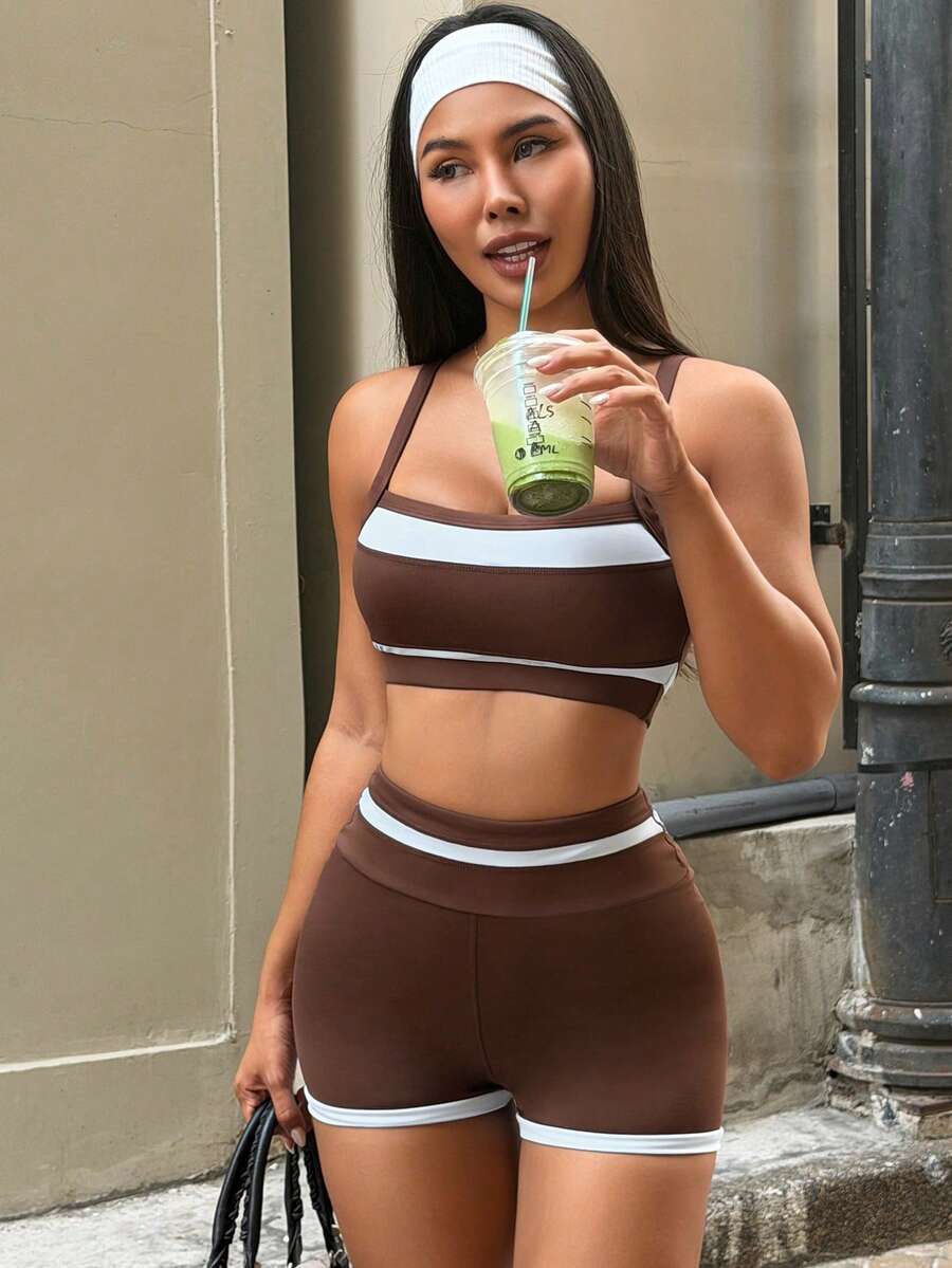SHEIN Dewbera 女士休闲运动撞色背心短裤套装 - 棕色 - 查看 1