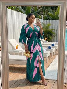 SHEIN CURVE+ Plus Size Women's Vacation Green Plant Print 3/4 Sleeve Dress - Multicolor - View 5