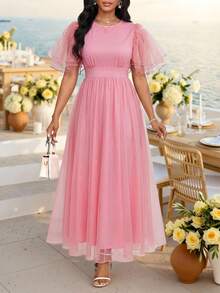 SHEIN Lady Vestido feminino elegante de verão, cor sólida, gola redonda, cintura marcada e comprimento midi. - Rosa Empoeirado - Ver 1