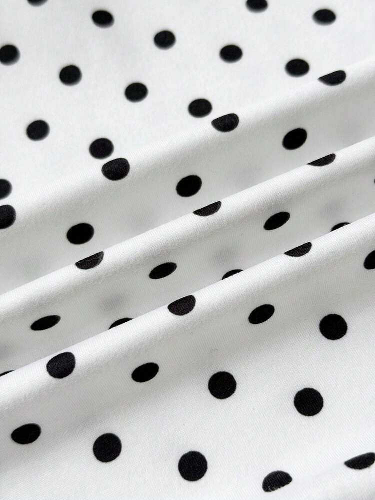 SHEIN Kids Tween Girl Black White Polka Dots Contrast Black Tape Deco Casual Polo V-Neck Fitted Side Ruched Short Sleeve Cropped T-Shirt Horse T Shirt Striped Sleeve Top Polo Shirt Ribbed Knit Top Collared T-Shirt For Kids - White - View 7
