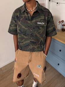 STEELVANCE 男士休閒街頭風貼袋刺繡迷彩牛仔短袖襯衫 - 軍綠色 - 查看 3