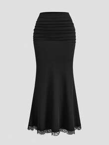 Sweetra Falda casual versátil para citas de noche con parches de encaje para mujer - Negro - Ver 1