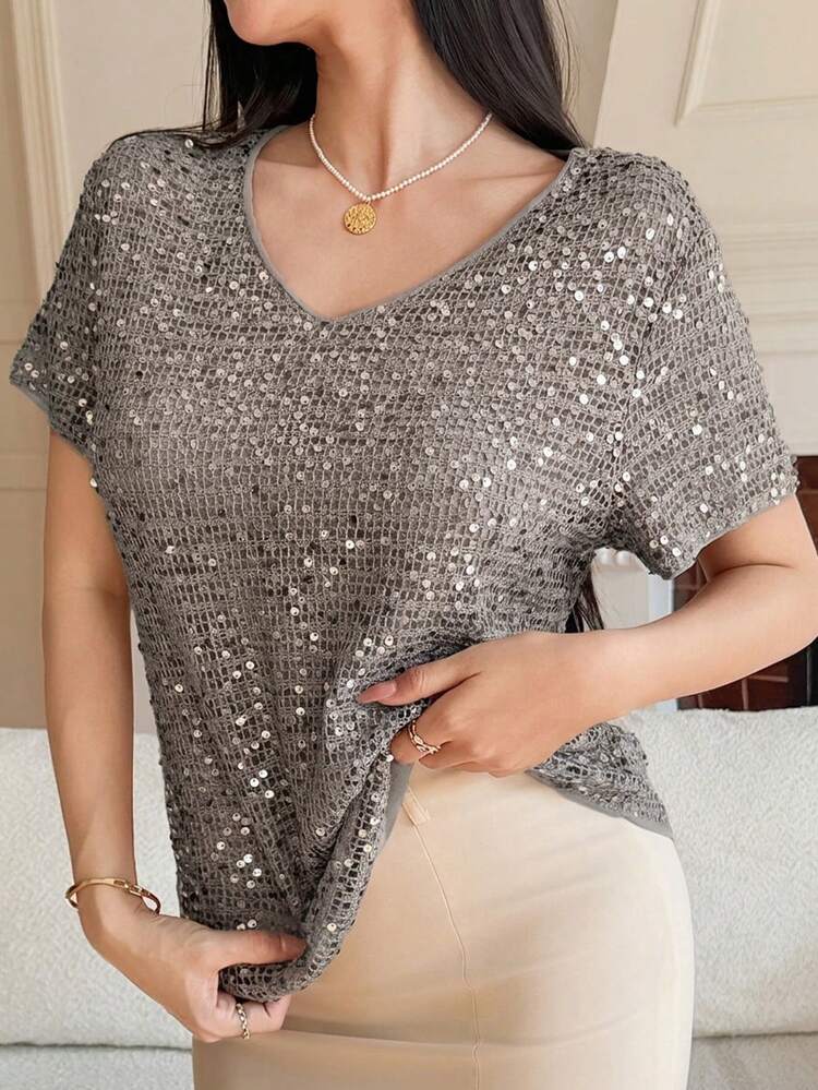 Women's Casual Sequin Decorated T-Shirt, Summer