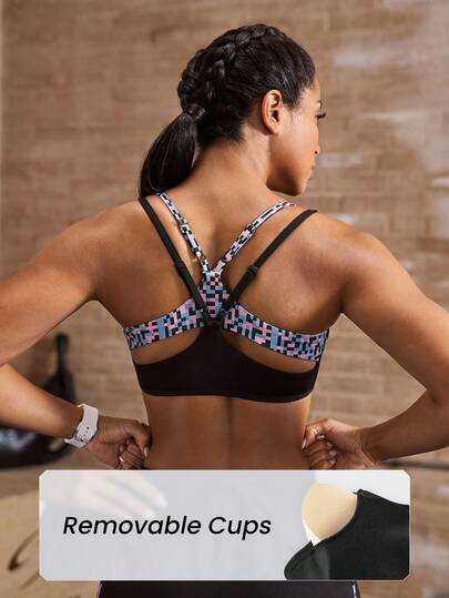 Powerista Women's Patchwork Geometric Print 2 In 1 Casual Fitness Sports Bra